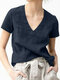 Camiseta de algodão casual de manga curta com decote em V liso - Marinha