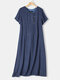 Short Sleeve Solid Color Button V-neck Dress For Women - Blue