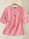 Leisure Embroidered Ruched Round Neck Short Sleeve Cotton Blouse - Pink