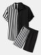 Mens Patchwork Stripe Pocket Drawstring Short Sleeve Two Piece Outfits - Black