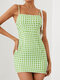 Plaid Print Strap Backless Sleeveless Mini Sexy Dress For Women - Green