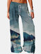 Casual Landscape Print Elastic Waist Pants For Women - Blue
