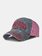 Men Washed Distressed Cotton Letter Embroidered Stitches Color-match Patchwork Vintage Sunshade Baseball Cap - Black Red