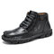 Men Cow Leather Hand Stitching Soft Lace Up Ankle Boots - Black