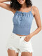 Women Shirred Solid Open Back Tie Front Cami - Blue