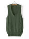 Women Casual Knit Solid Color V-neck Mid-long Irregular Hem Sweater - Army Green