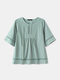 Solid Color O-neck Short Sleeve Plus Size Blouse - Green