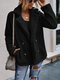 Solid Color Long Sleeve Turn-down Collar Pocket Coat For Women - Black