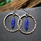 Vintage 925 Silver Plated Big Earrings Geometric Olive Natural Lapis Lazuli Earrings - Silver