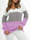Contrast Color Cable Long Sleeve V-neck Knit Sweater - Pink