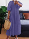 Single Color V Neck Texture Half Sleeve Ruffle Trim Dress - Purple