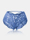 Women Sexy Lace Tie Back Designed Mesh Spliced Breathable See Through Panties - Blue