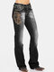 Ethnic Embroidery Solid Color Casual Jeans For Women - Black