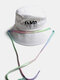Unisex Cotton Solid Letter Embroidery With Colorful Decorative Adjustment Rope Sunshade Bucket Hat - White