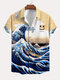 Mens Smile Japanese Wave Ukiyoe Print Lapel Short Sleeve Shirts - Blue