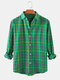 Mens Check Button Up Lapel Collar Casual Relaxed Fit Long Sleeve Shirts - Green