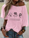 Flower Letter Print Off-shoulder Short Sleeve Casual T-shirt For Women - Pink