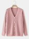 Solid V-neck Hollow-out Button Casual Homewear Cardigan - Pink