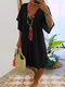 Lace V-neck Flared Sleeve Loose Plus Size Mini Dress - Black