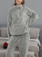Women Pure Plush Fluffy Kangaroo Pocket Pullover High Neck Zip Front Home Pajama Set With Jogger Pants - Gray
