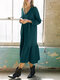 Solid Color Pleated V-neck Long Sleeve Casual Dress for Women - Blue