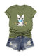 Cartoon Cat Floral Printed Short Sleeve O-Neck T-shirt - Green