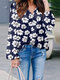 Women Allover Floral Print V-Neck Vacation Long Sleeve Blouse - Blue