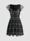 Check Pattern Tie Front V-neck Short Sleeve Mini Dress - Black