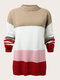 Plus Size Contrast Color Half-collar Lantern Sleeve Sweater - Khaki