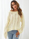 Solid Hollow Cable Knit Long Sleeve Crew Neck Sweater - White