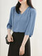 Solid V-neck 3/4 Sleeve Blouse For Women - Blue