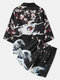 Mens Figure Floral Wave Print Kimono Japanese Style Two Pieces Outfits - Black