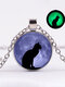 Vintage Glas gedruckt Damen Halskette Mond Sternen Black Katze Leuchtende Anhänger Halskette Schmuck Geschenk - Silber
