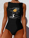 Women Starry Sky Hand Print High Neck Sleeveless One Piece Slimming Swimwear - Black7