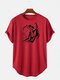 Mens Lion Print Round Neck Light Casual Short Sleeve High Low T-Shirts - Red