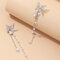 Trendy Women Silver Butterfly Earrings Diamond Mount Long Pearl Tassel Ear Drop Jewelry - Silver