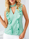 Ruffle Solid Color Sleeveless V-neck Casual Blouse For Women - Green