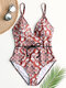 Women One Piece Vintage Floral Print Spaghetti Straps Swimsuit With Belt - Red