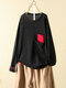Patchwork Loose O-Neck Long Sleeve Blouse With Pocket - Black