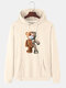 Mens Cartoon Bear Graphic Cotton Drawstring Hoodies With Pouch Pocket - Apricot