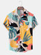 Mens Tropical Leaf Color Block Print Vacation Short Sleeve Shirts - Yellow