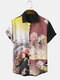 メンズ日本の人物風景浮世絵プリントコーデュロイ半袖シャツ - 黒