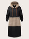 Plus Size Contrast Color Patchwork Fluffy Lamb Casual Dress - Black