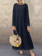 Women Lace Patchwork Double Pocket Long Sleeve Casual Dress - Navy