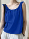 Women Solid Crew Neck Pleated Casual Sleeveless Tank Top - Royal