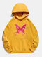 Butterfly Printed Long Sleeve Drawstring Hoodie For Women - Yellow