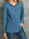 Solid Button Long Sleeve Lapel Blouse For Women - Blue