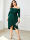 Asymmetrical Off Shoulder Plus Size Sequins Party Dress with Belt - Dark Green