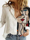 Blusa abstrata Padrão patchwork lapela com botão de manga comprida - Branco