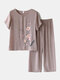 Women Flowers Print Loungewear Set Breathable Mandarin Button Loose Pajamas - Coffee